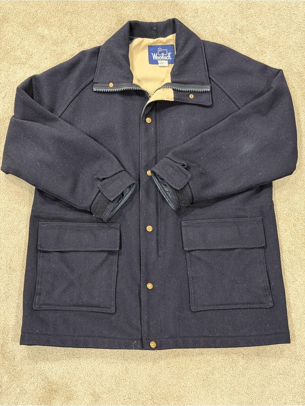 Vintage Woolrich Men's Dark Navy Wool Pea Coat with Contrast Lining L USA made